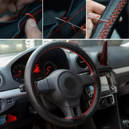 Leatheride PU Steering Wheel Cover For All Cars With Needles and Red Thread